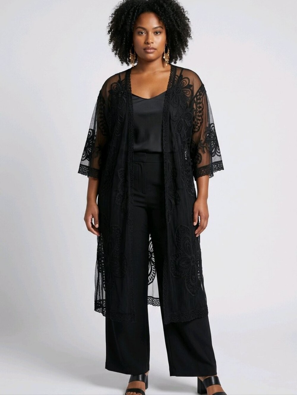 Black Sheer Floral Embroidered Lace Kimono Duster Cardigan